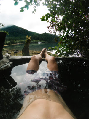 Soaking in hot springs after swimming with the salmon